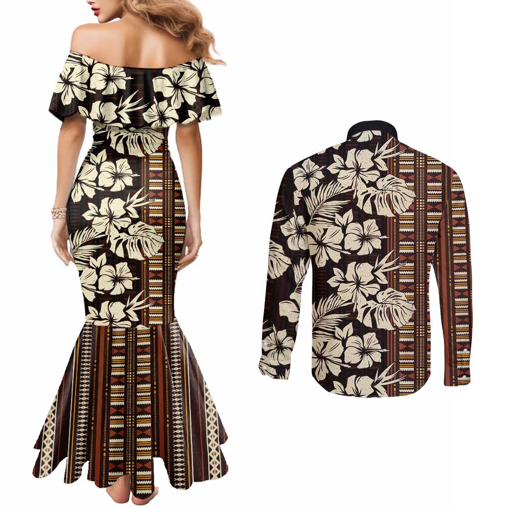 Bula Fiji Masi Couples Matching Mermaid Dress and Long Sleeve Button Shirt Tapa Tropical Hibiscus Half Stylized - Polynesian Pride