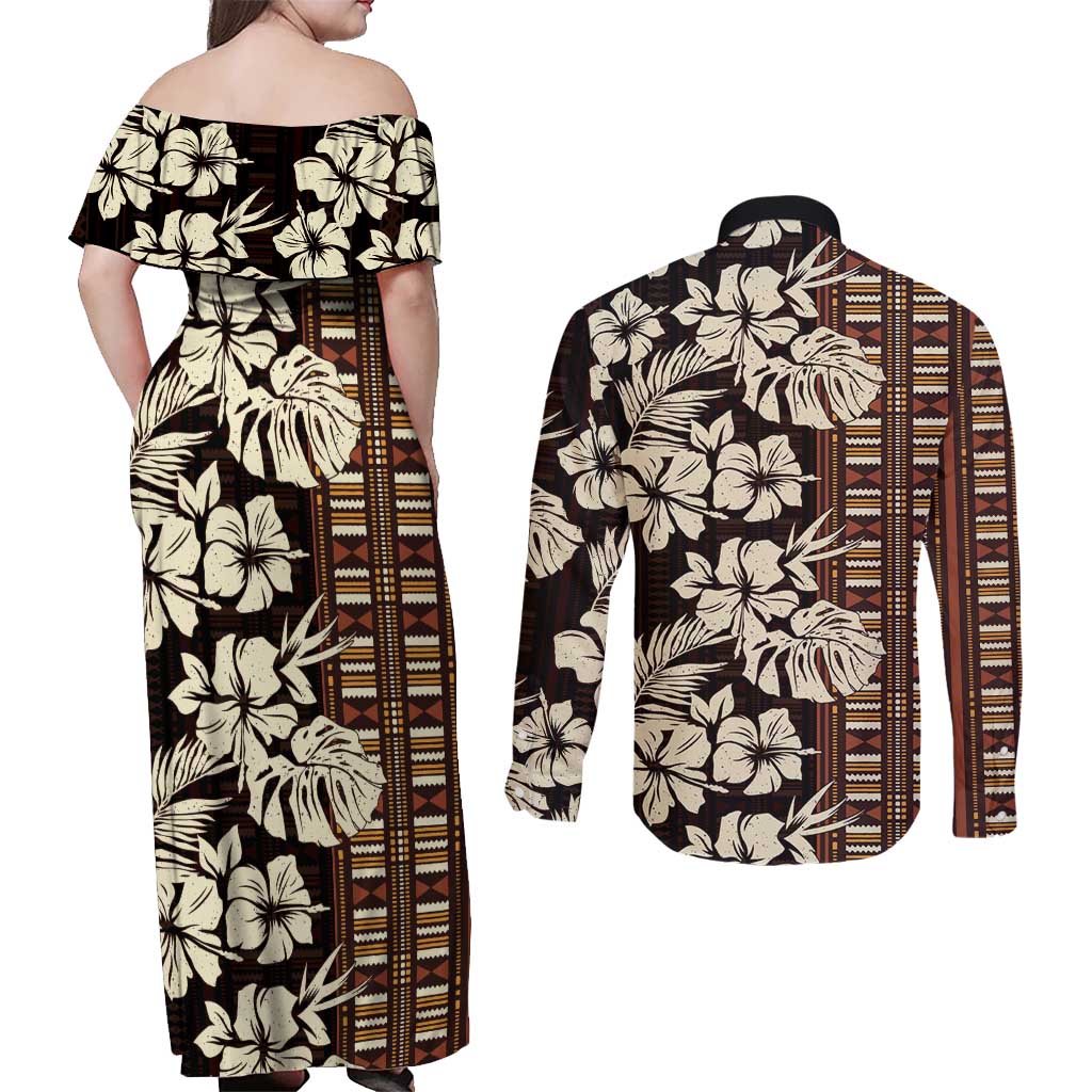 Bula Fiji Masi Couples Matching Off Shoulder Maxi Dress and Long Sleeve Button Shirt Tapa Tropical Hibiscus Half Stylized - Polynesian Pride