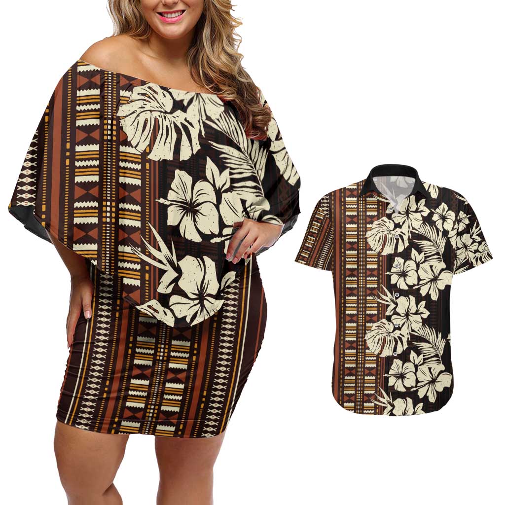 Bula Fiji Masi Couples Matching Off Shoulder Short Dress and Hawaiian Shirt Tapa Tropical Hibiscus Half Stylized - Polynesian Pride