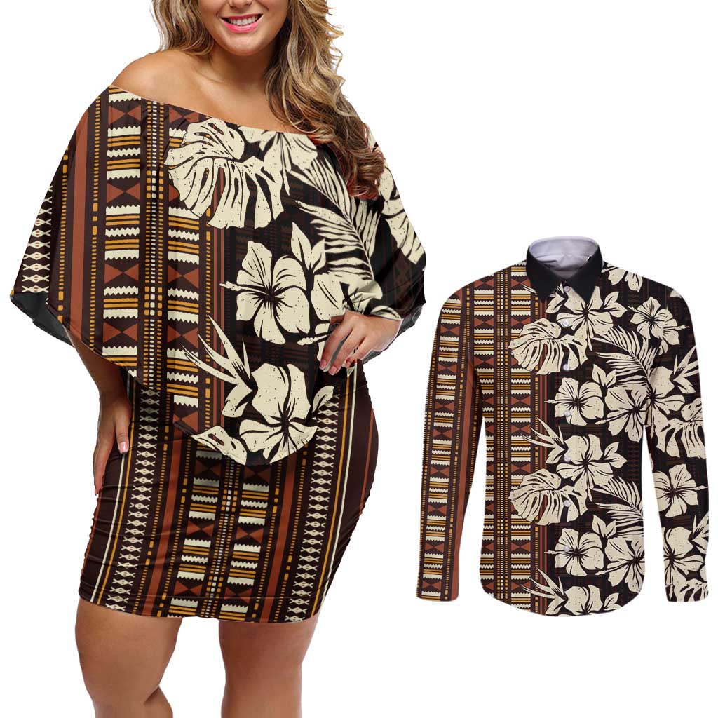 Bula Fiji Masi Couples Matching Off Shoulder Short Dress and Long Sleeve Button Shirt Tapa Tropical Hibiscus Half Stylized - Polynesian Pride