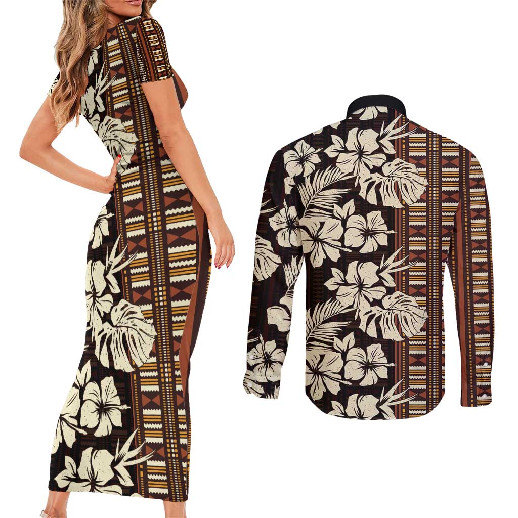 Bula Fiji Masi Couples Matching Short Sleeve Bodycon Dress and Long Sleeve Button Shirt Tapa Tropical Hibiscus Half Stylized - Polynesian Pride