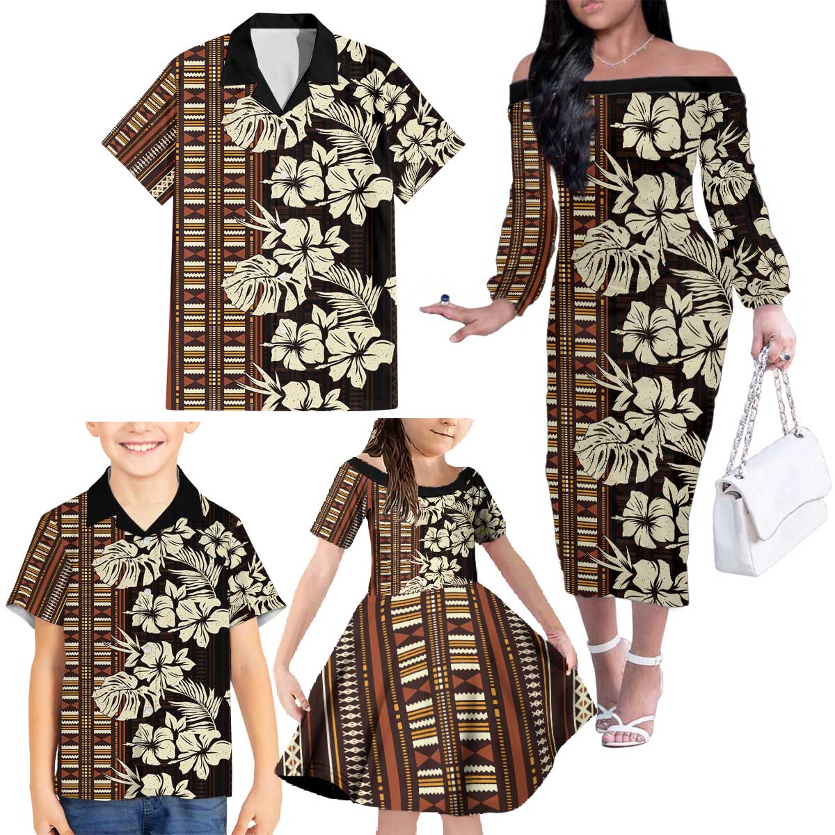 Bula Fiji Masi Family Matching Off The Shoulder Long Sleeve Dress and Hawaiian Shirt Tapa Tropical Hibiscus Half Stylized - Polynesian Pride