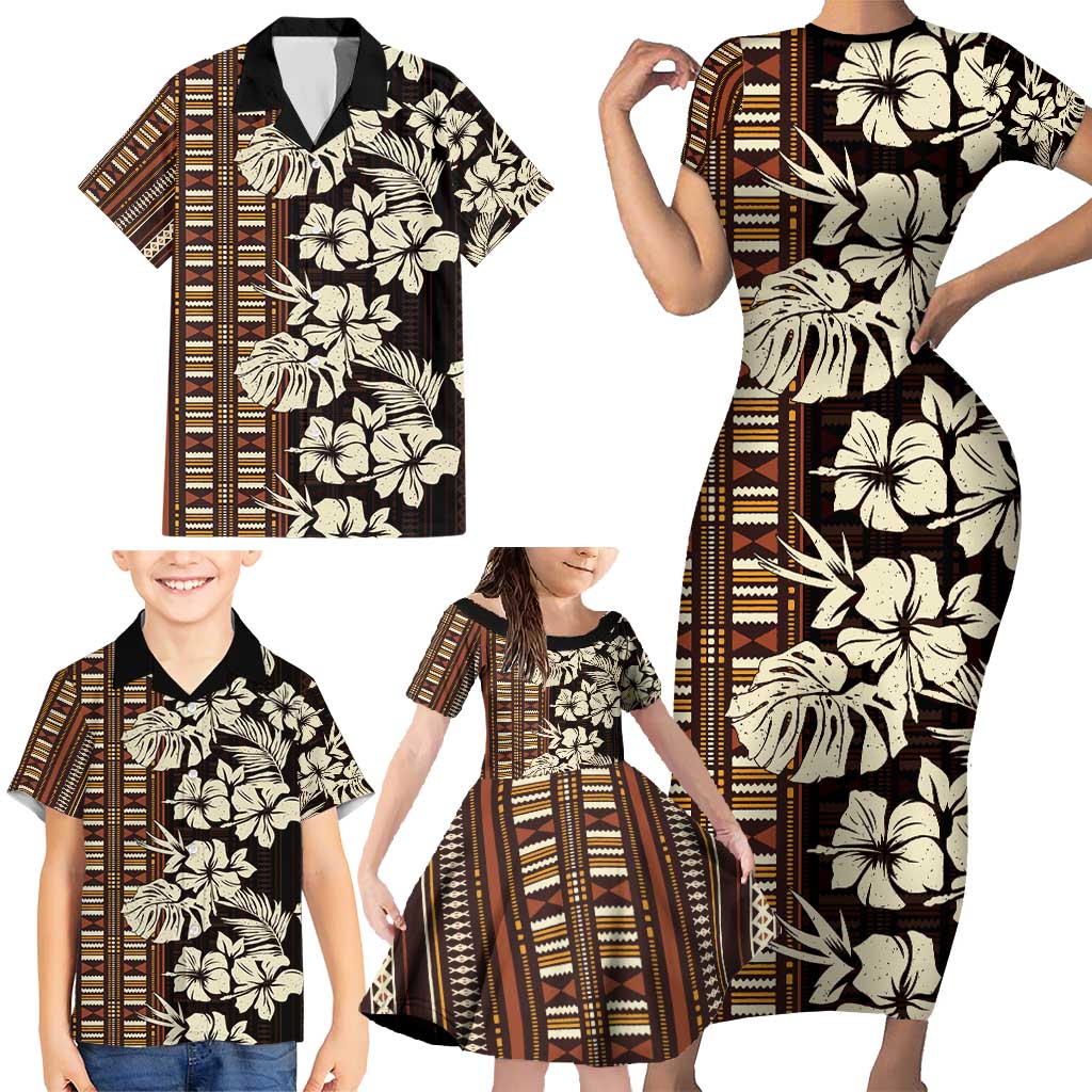 Bula Fiji Masi Family Matching Short Sleeve Bodycon Dress and Hawaiian Shirt Tapa Tropical Hibiscus Half Stylized - Polynesian Pride