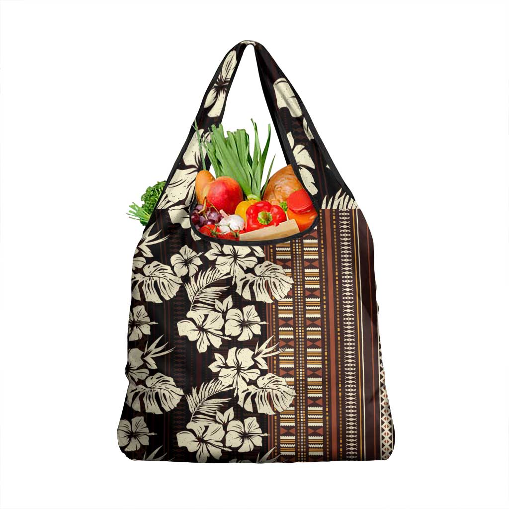 Bula Fiji Masi Grocery Bag Tapa Tropical Hibiscus Half Stylized LT14 1-pack One Size Brown - Polynesian Pride