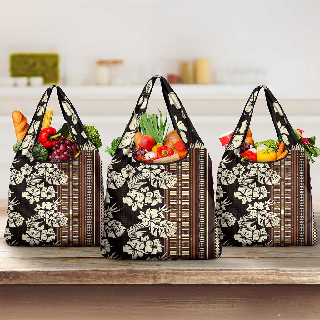 Bula Fiji Masi Grocery Bag Tapa Tropical Hibiscus Half Stylized LT14 3-pack One Size Brown - Polynesian Pride