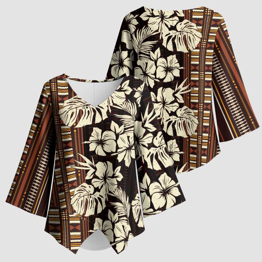Bula Fiji Masi Kimono Sleeve Blouse Tapa Tropical Hibiscus Half Stylized - Polynesian Pride