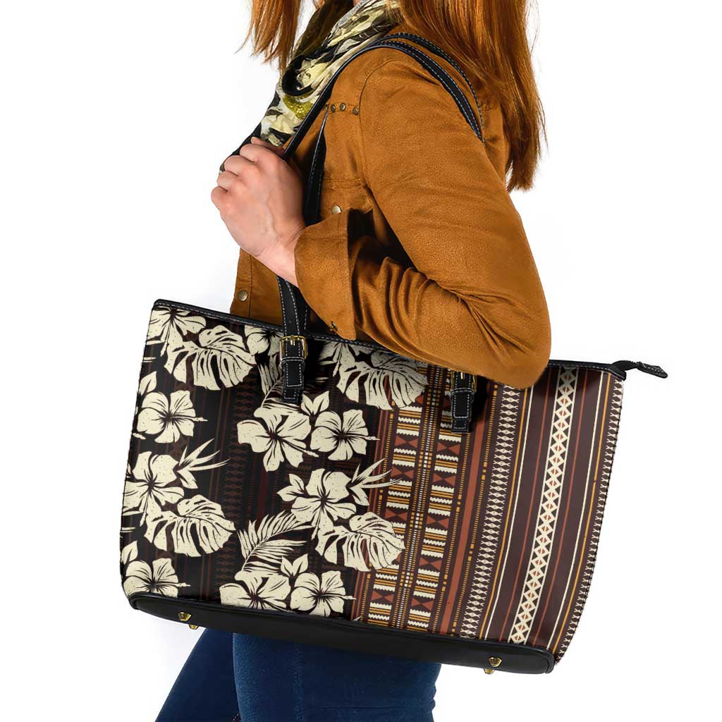 Bula Fiji Masi Leather Tote Bag Tapa Tropical Hibiscus Half Stylized - Polynesian Pride