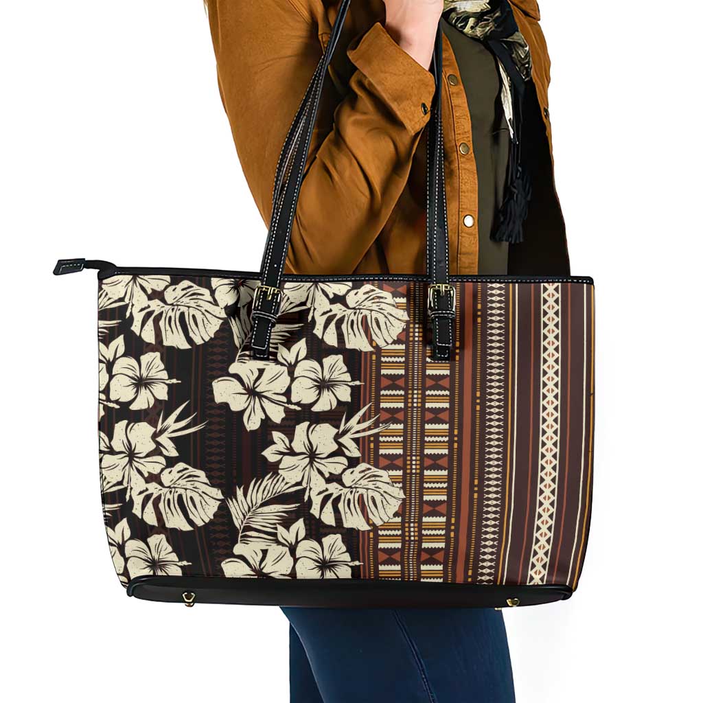 Bula Fiji Masi Leather Tote Bag Tapa Tropical Hibiscus Half Stylized - Polynesian Pride