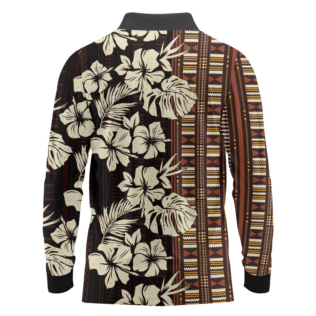 Bula Fiji Masi Long Sleeve Polo Shirt Tapa Tropical Hibiscus Half Stylized - Polynesian Pride