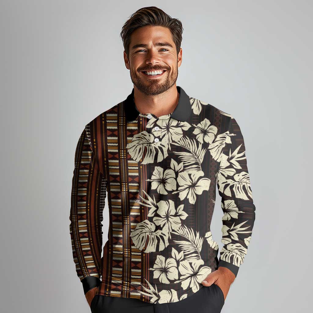 Bula Fiji Masi Long Sleeve Polo Shirt Tapa Tropical Hibiscus Half Stylized - Polynesian Pride