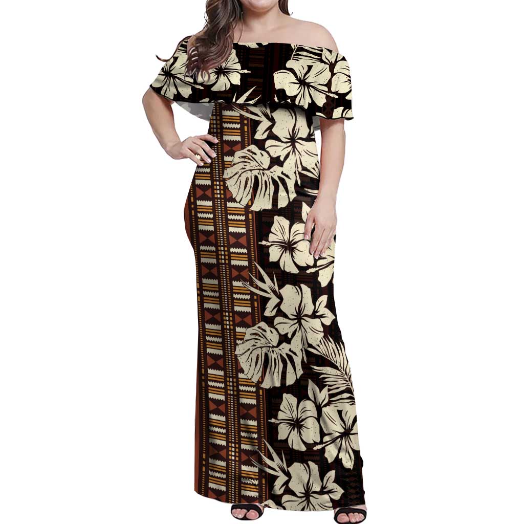 Bula Fiji Masi Off Shoulder Maxi Dress Tapa Tropical Hibiscus Half Stylized - Polynesian Pride