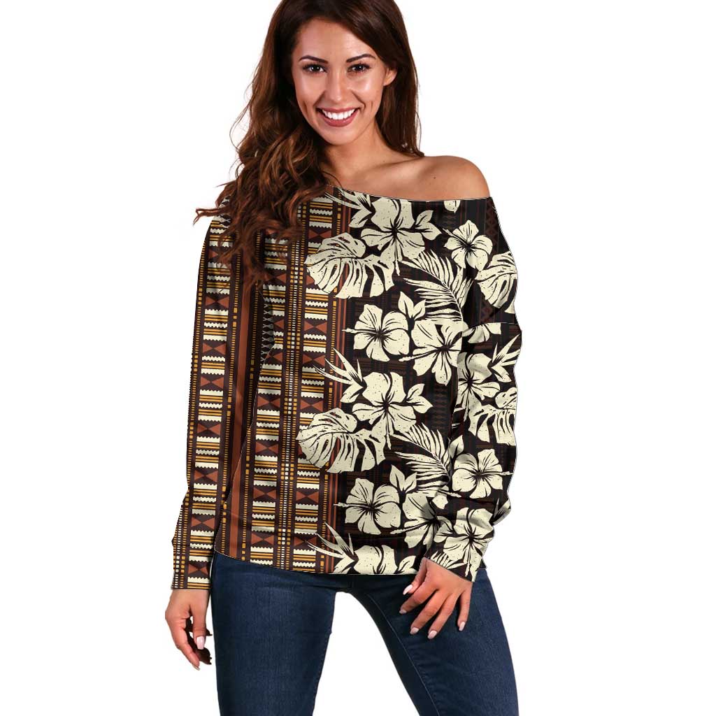 Bula Fiji Masi Off Shoulder Sweater Tapa Tropical Hibiscus Half Stylized - Polynesian Pride