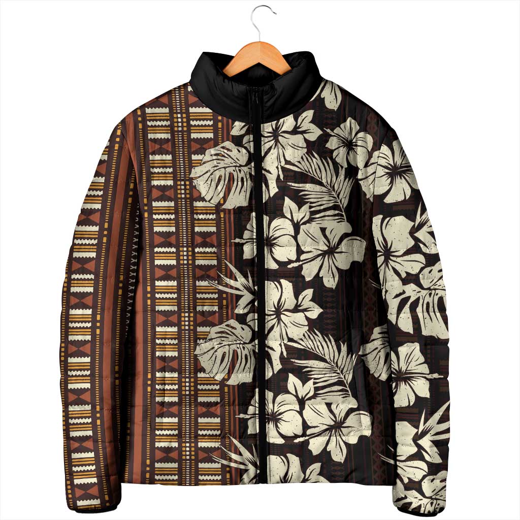Bula Fiji Masi Padded Jacket Tapa Tropical Hibiscus Half Stylized - Polynesian Pride