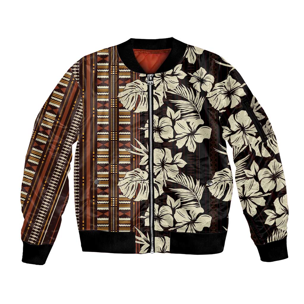 Bula Fiji Masi Sleeve Zip Bomber Jacket Tapa Tropical Hibiscus Half Stylized - Polynesian Pride