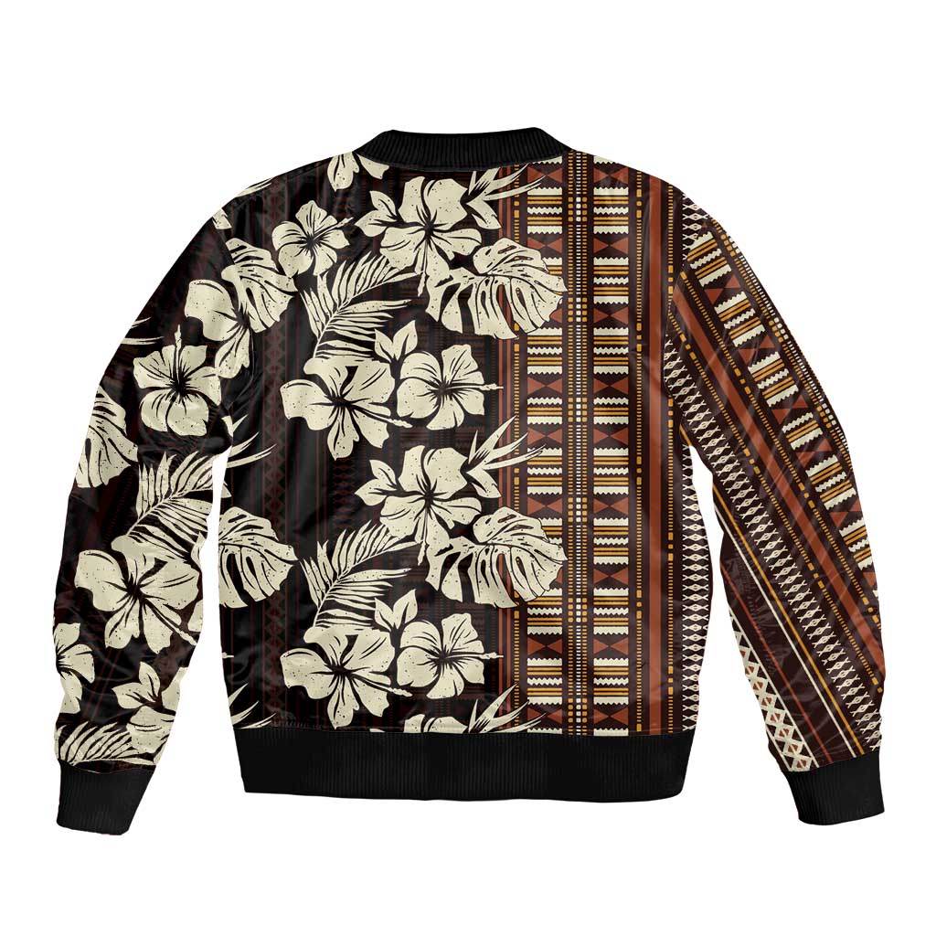 Bula Fiji Masi Sleeve Zip Bomber Jacket Tapa Tropical Hibiscus Half Stylized - Polynesian Pride