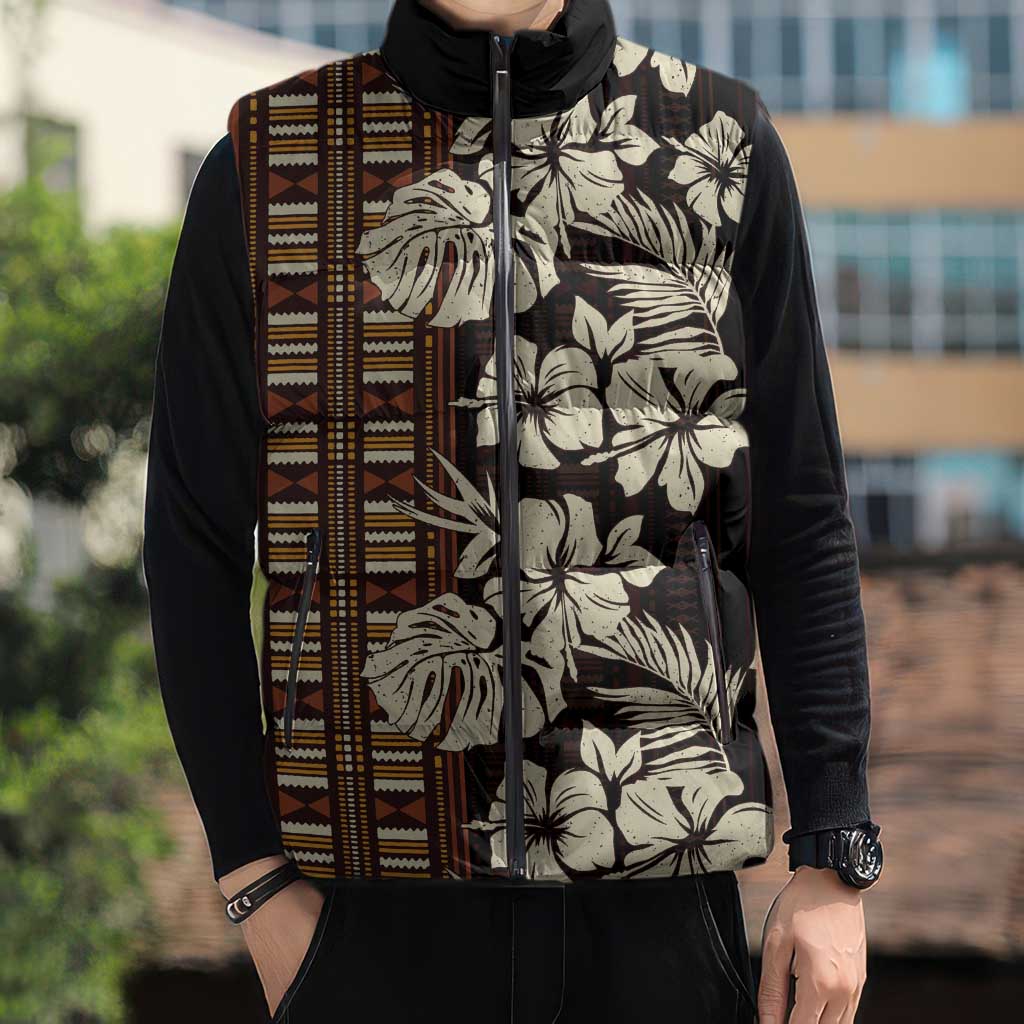Bula Fiji Masi Sleeveless Puffer Jacket Tapa Tropical Hibiscus Half Stylized - Polynesian Pride