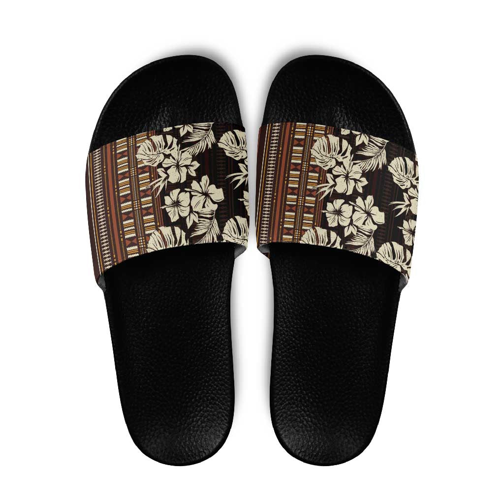 Bula Fiji Masi Slide Sandals Tapa Tropical Hibiscus Half Stylized LT14 Brown - Polynesian Pride