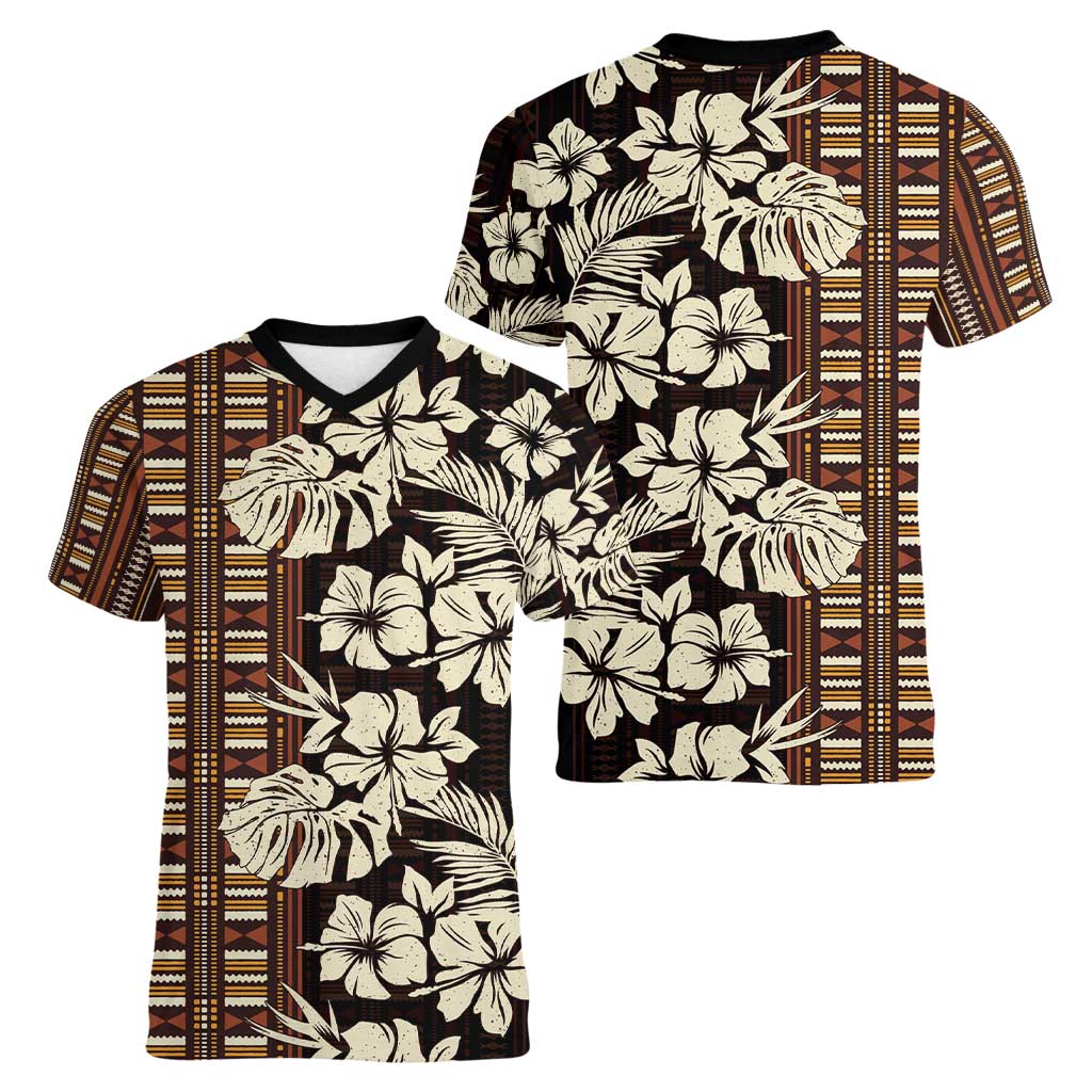 Bula Fiji Masi Women V-Neck T-Shirt Tapa Tropical Hibiscus Half Stylized - Polynesian Pride