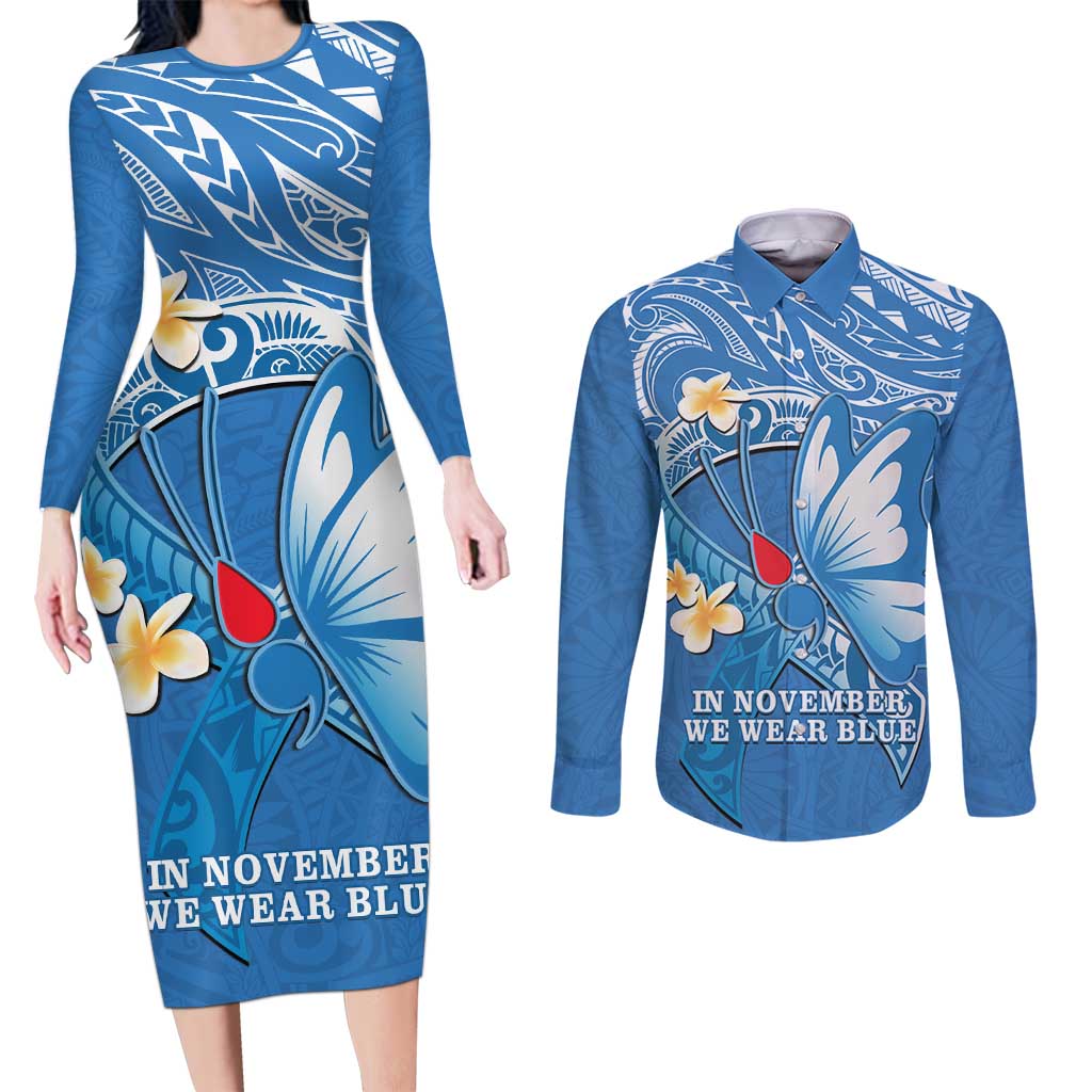 Polynesia Diabetes Awareness Month Couples Matching Long Sleeve Bodycon Dress and Long Sleeve Button Shirt In November We Wear Blue LT14 Blue - Polynesian Pride