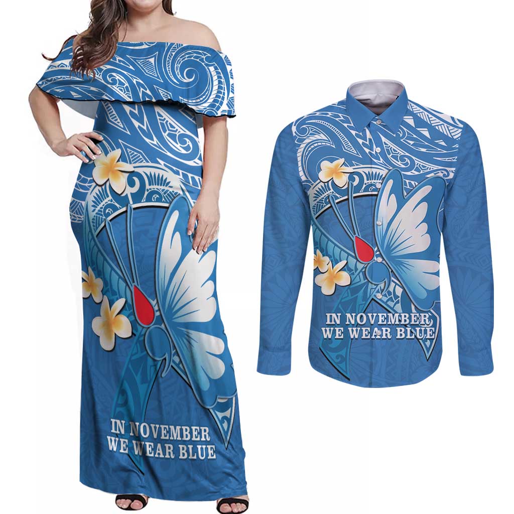 Polynesia Diabetes Awareness Month Couples Matching Off Shoulder Maxi Dress and Long Sleeve Button Shirt In November We Wear Blue LT14 Blue - Polynesian Pride