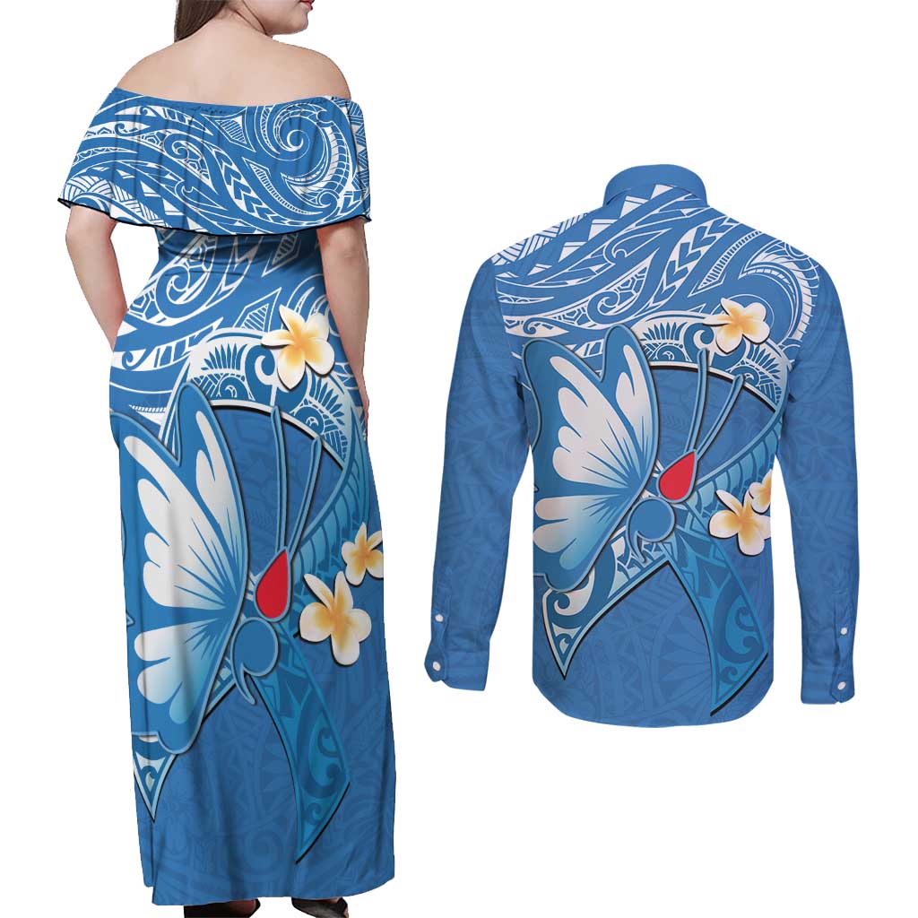 Polynesia Diabetes Awareness Month Couples Matching Off Shoulder Maxi Dress and Long Sleeve Button Shirt In November We Wear Blue LT14 - Polynesian Pride