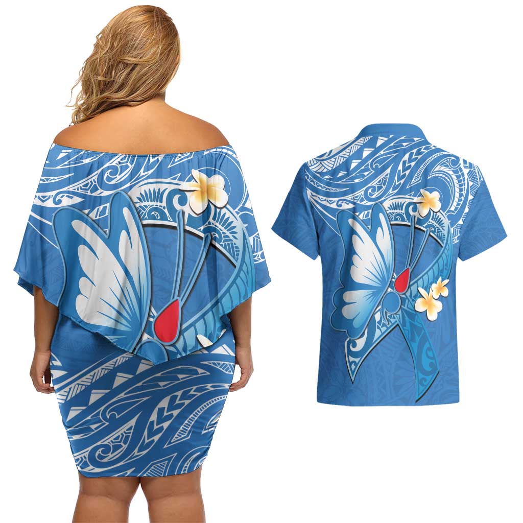 Polynesia Diabetes Awareness Month Couples Matching Off Shoulder Short Dress and Hawaiian Shirt In November We Wear Blue LT14 - Polynesian Pride