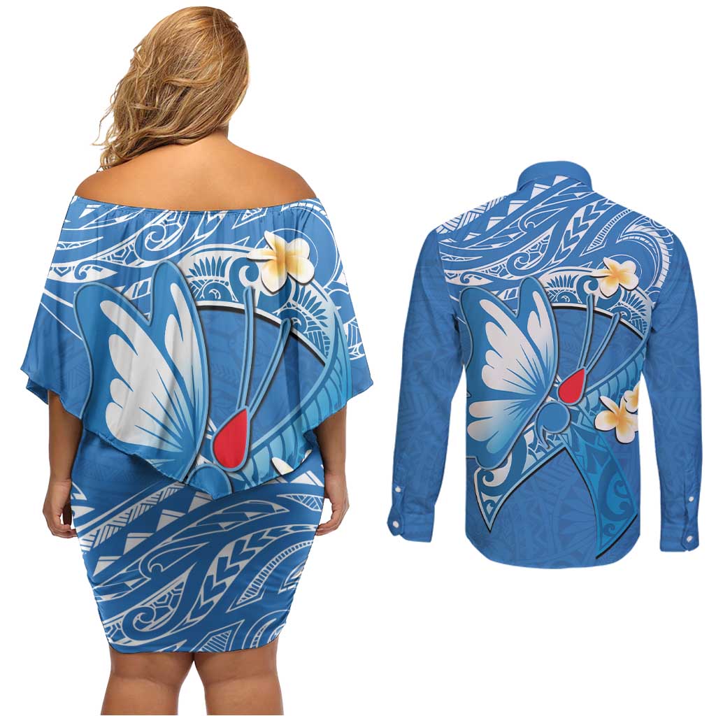 Polynesia Diabetes Awareness Month Couples Matching Off Shoulder Short Dress and Long Sleeve Button Shirt In November We Wear Blue LT14 - Polynesian Pride
