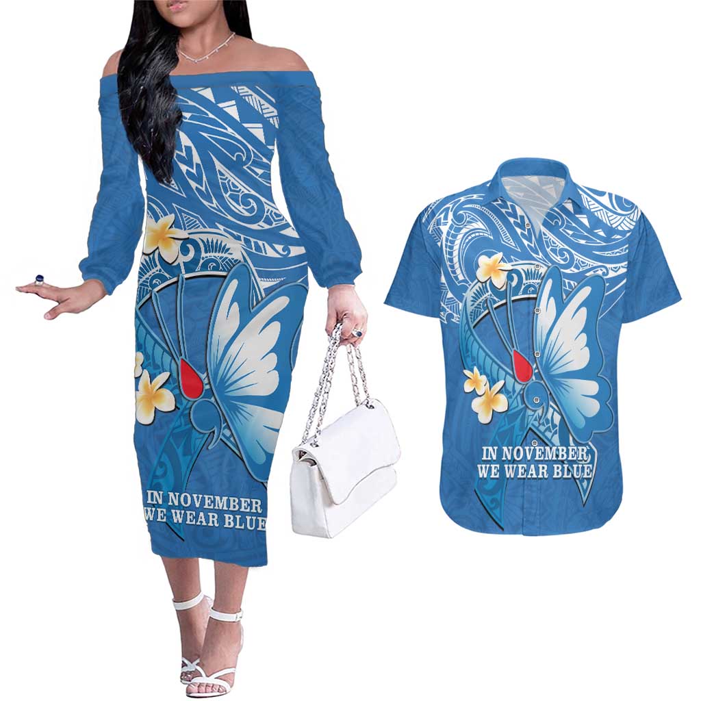 Polynesia Diabetes Awareness Month Couples Matching Off The Shoulder Long Sleeve Dress and Hawaiian Shirt In November We Wear Blue