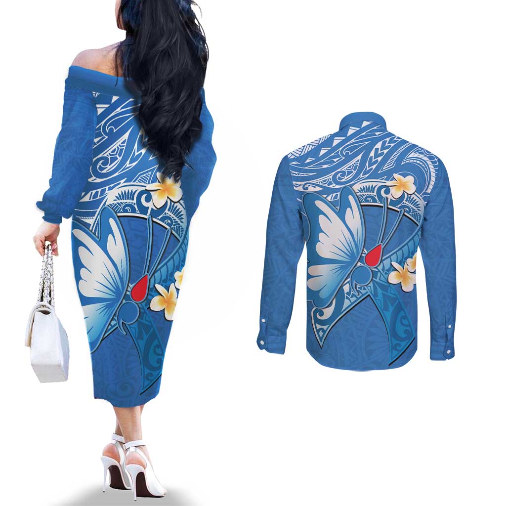 Polynesia Diabetes Awareness Month Couples Matching Off The Shoulder Long Sleeve Dress and Long Sleeve Button Shirt In November We Wear Blue