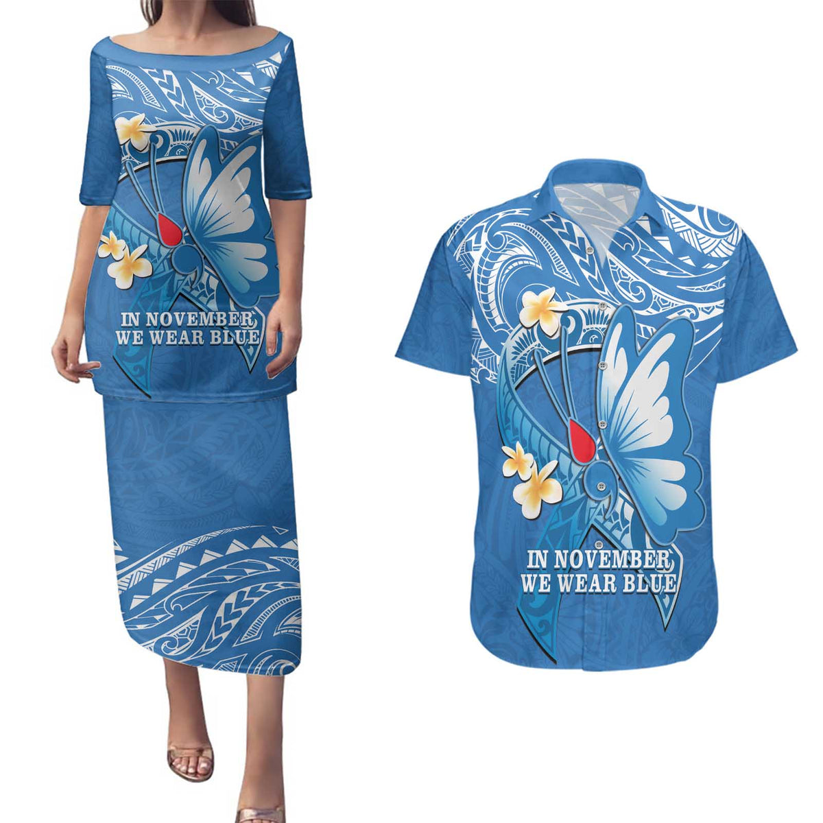 Polynesia Diabetes Awareness Month Couples Matching Puletasi and Hawaiian Shirt In November We Wear Blue
