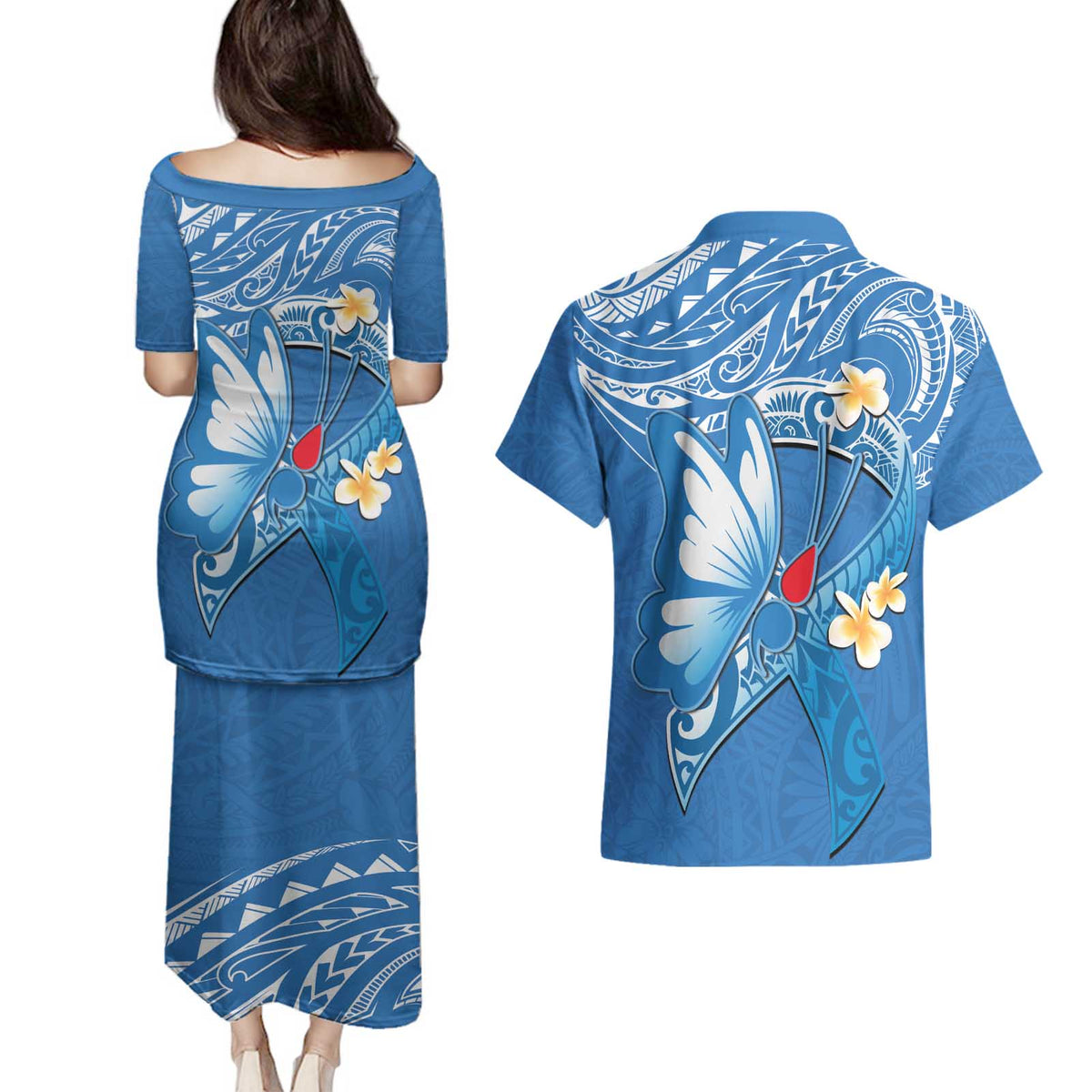 Polynesia Diabetes Awareness Month Couples Matching Puletasi and Hawaiian Shirt In November We Wear Blue
