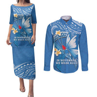 Polynesia Diabetes Awareness Month Couples Matching Puletasi and Long Sleeve Button Shirt In November We Wear Blue LT14 Blue - Polynesian Pride