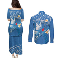 Polynesia Diabetes Awareness Month Couples Matching Puletasi and Long Sleeve Button Shirt In November We Wear Blue LT14 - Polynesian Pride