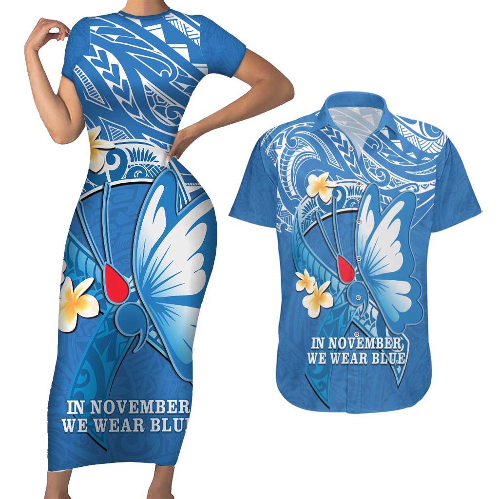 Polynesia Diabetes Awareness Month Couples Matching Short Sleeve Bodycon Dress and Hawaiian Shirt In November We Wear Blue