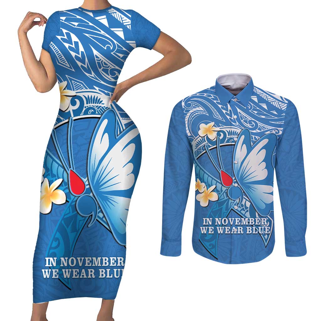 Polynesia Diabetes Awareness Month Couples Matching Short Sleeve Bodycon Dress and Long Sleeve Button Shirt In November We Wear Blue LT14 Blue - Polynesian Pride