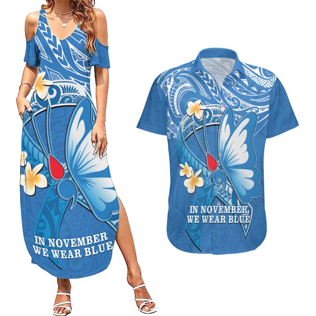 Polynesia Diabetes Awareness Month Couples Matching Summer Maxi Dress and Hawaiian Shirt In November We Wear Blue LT14 Blue - Polynesian Pride