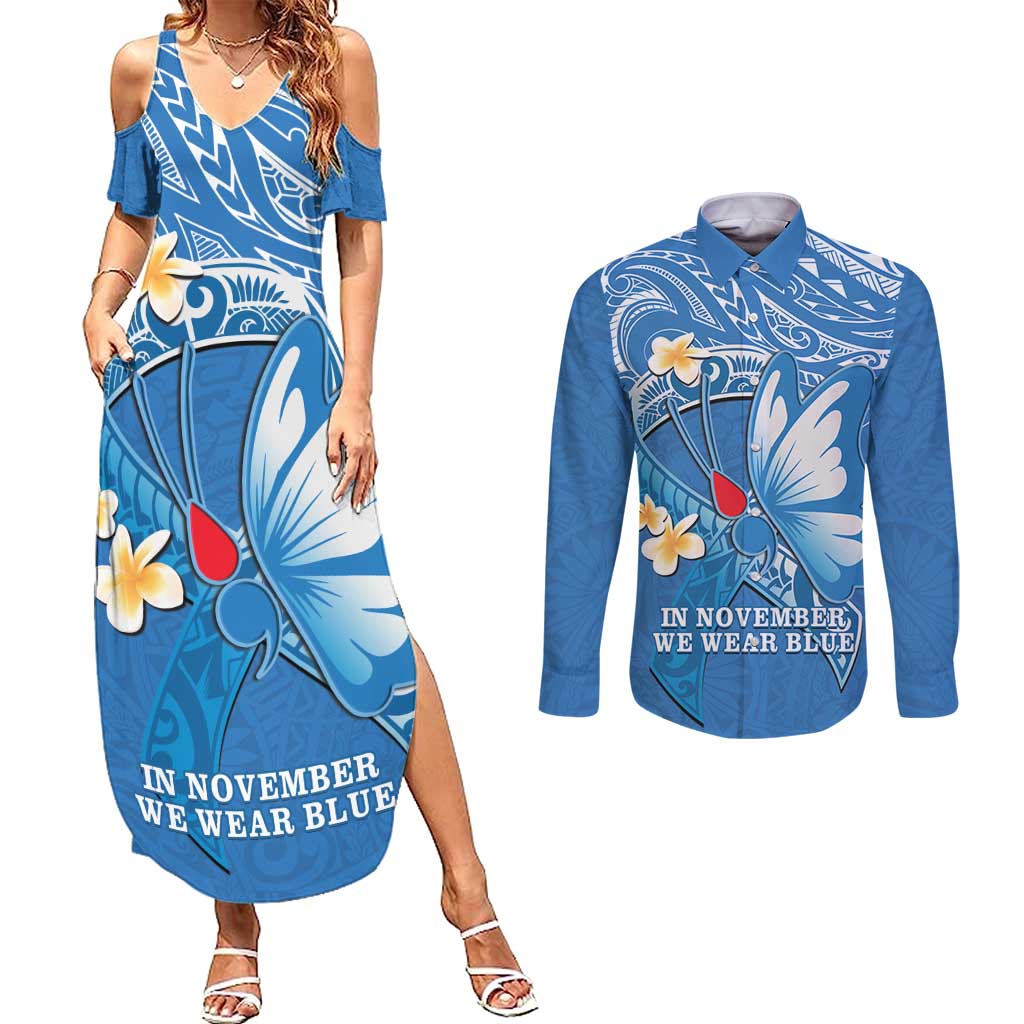 Polynesia Diabetes Awareness Month Couples Matching Summer Maxi Dress and Long Sleeve Button Shirt In November We Wear Blue LT14 Blue - Polynesian Pride
