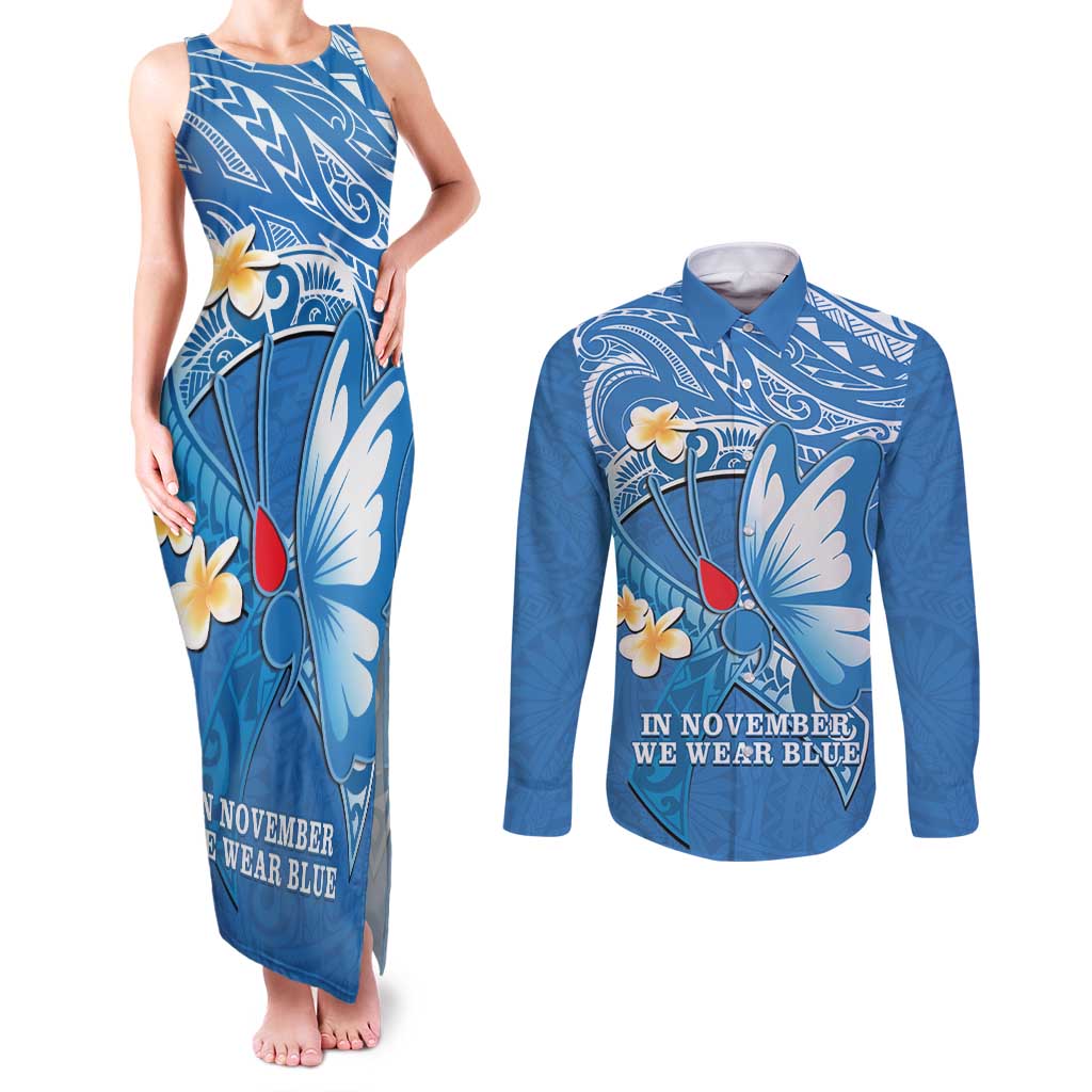 Polynesia Diabetes Awareness Month Couples Matching Tank Maxi Dress and Long Sleeve Button Shirt In November We Wear Blue LT14 Blue - Polynesian Pride