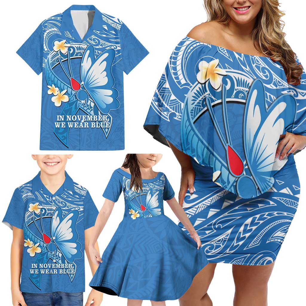 Polynesia Diabetes Awareness Month Family Matching Off Shoulder Short Dress and Hawaiian Shirt In November We Wear Blue