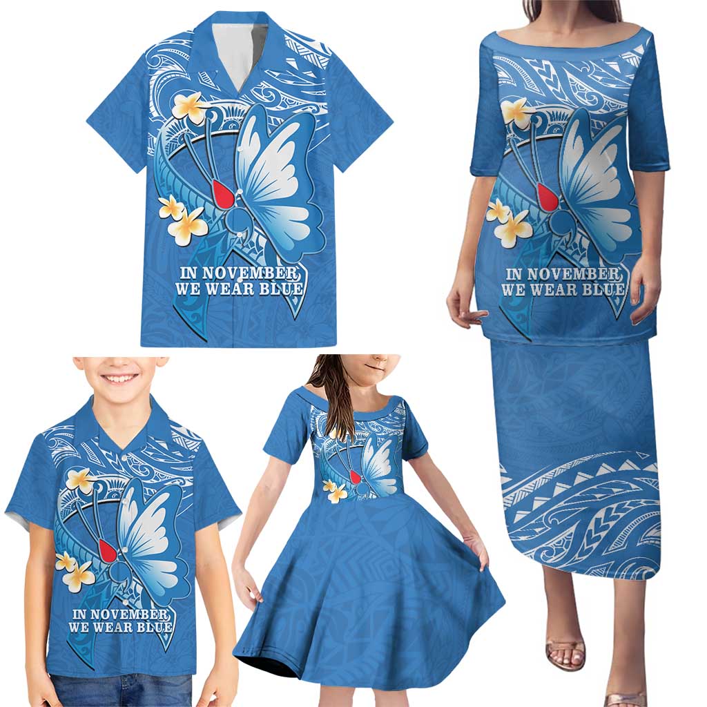 Polynesia Diabetes Awareness Month Family Matching Puletasi and Hawaiian Shirt In November We Wear Blue