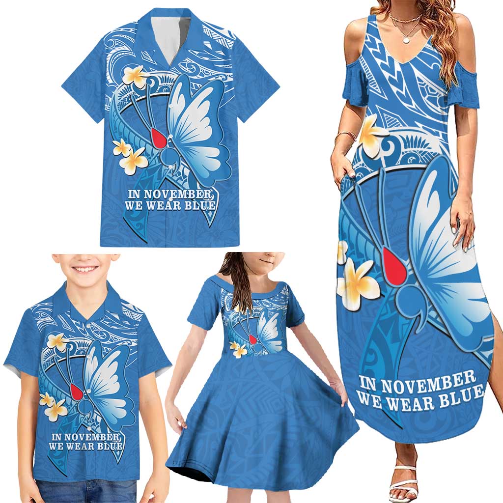 Polynesia Diabetes Awareness Month Family Matching Summer Maxi Dress and Hawaiian Shirt In November We Wear Blue