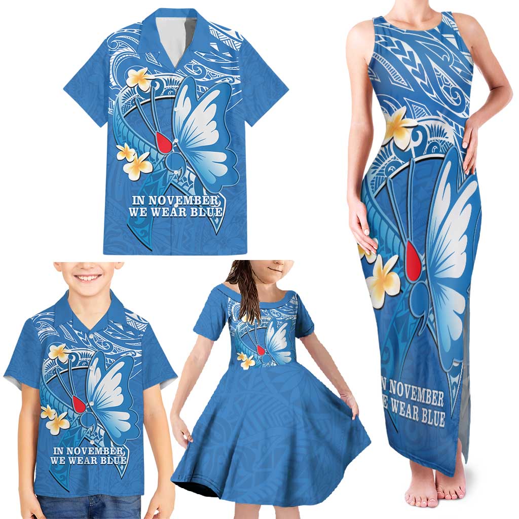 Polynesia Diabetes Awareness Month Family Matching Tank Maxi Dress and Hawaiian Shirt In November We Wear Blue