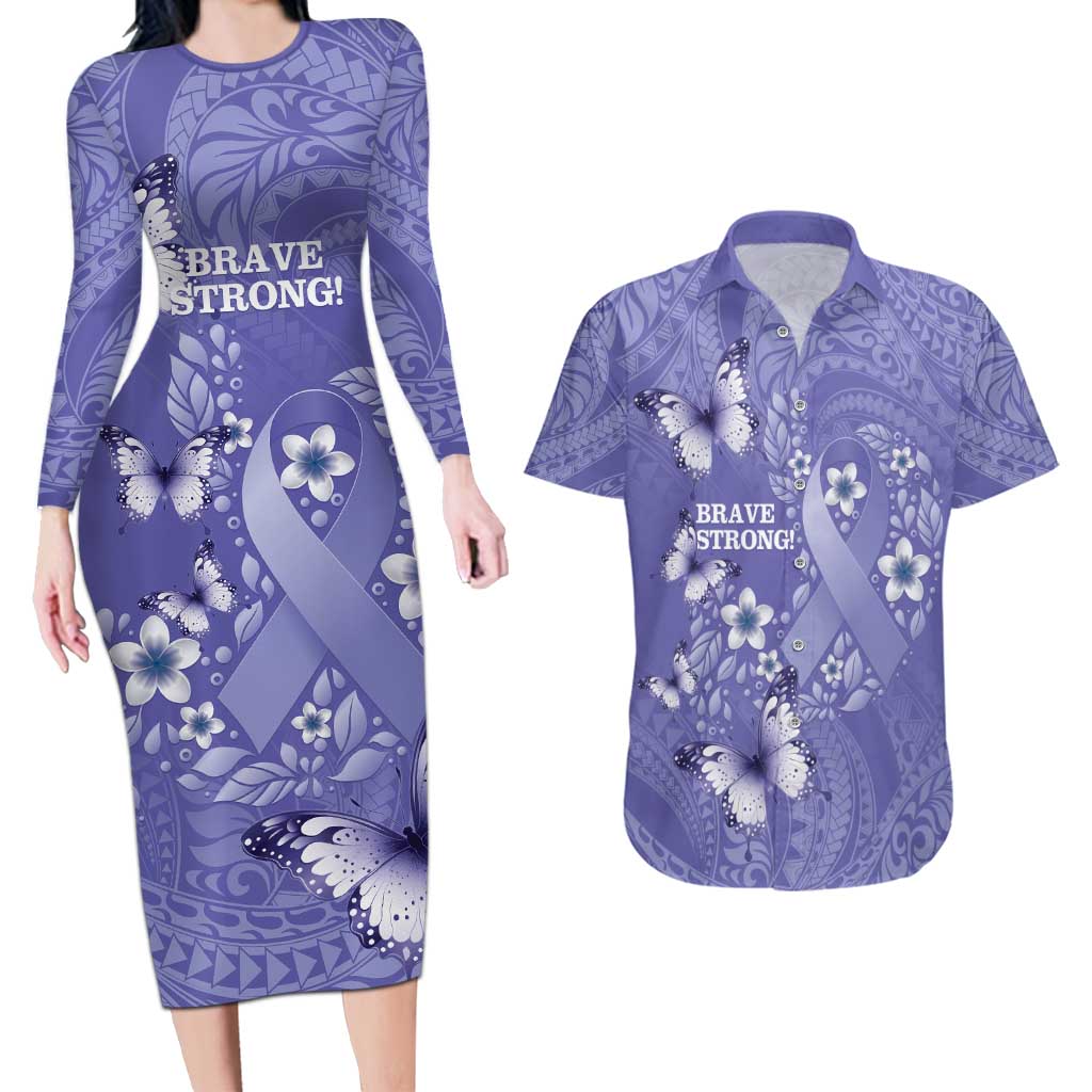 Polynesia Stomach Cancer Awareness Couples Matching Long Sleeve Bodycon Dress and Hawaiian Shirt Periwinkle Ribbon Brave Strong!