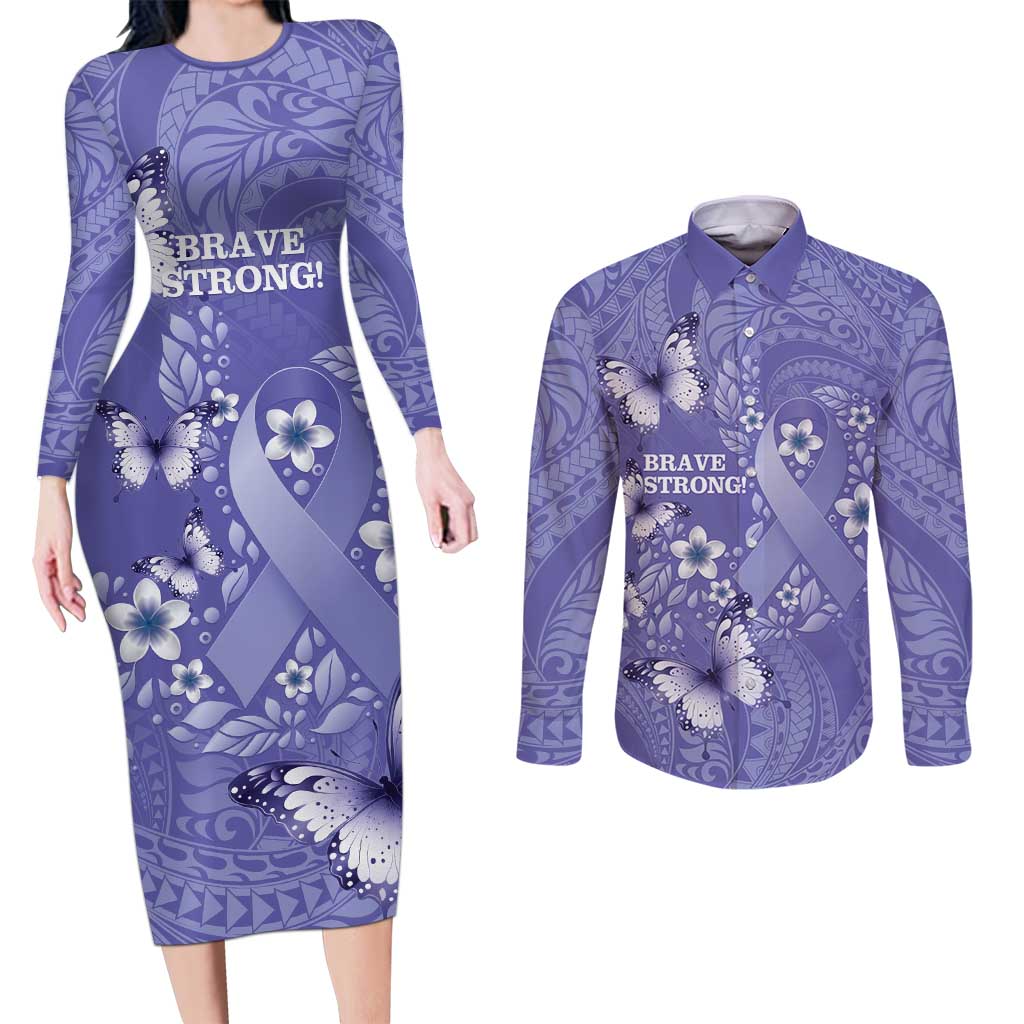 Polynesia Stomach Cancer Awareness Couples Matching Long Sleeve Bodycon Dress and Long Sleeve Button Shirt Periwinkle Ribbon Brave Strong! LT14 Periwinkle - Polynesian Pride