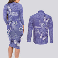 Polynesia Stomach Cancer Awareness Couples Matching Long Sleeve Bodycon Dress and Long Sleeve Button Shirt Periwinkle Ribbon Brave Strong! LT14 - Polynesian Pride
