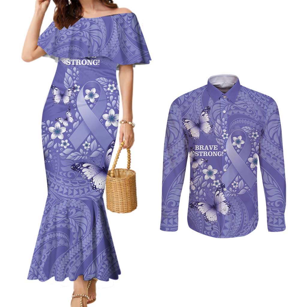 Polynesia Stomach Cancer Awareness Couples Matching Mermaid Dress and Long Sleeve Button Shirt Periwinkle Ribbon Brave Strong! LT14 Periwinkle - Polynesian Pride