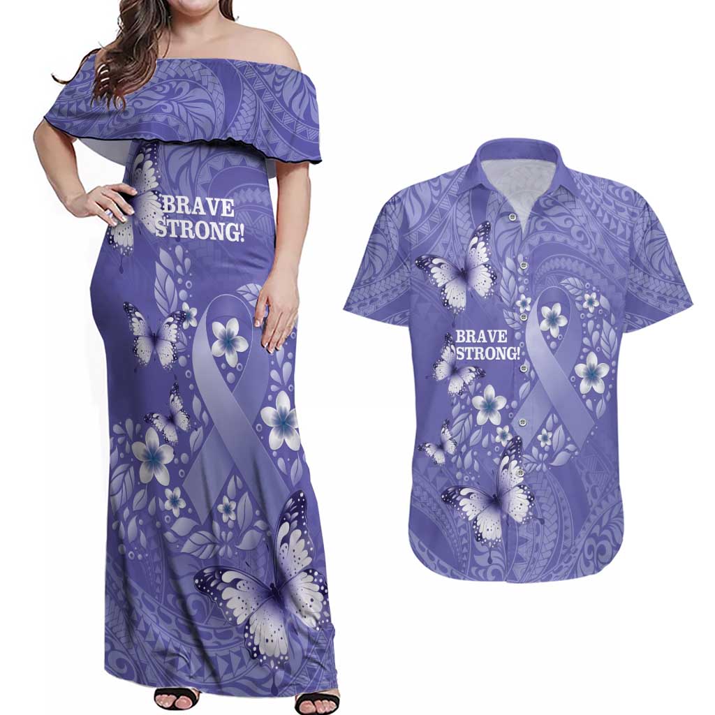 Polynesia Stomach Cancer Awareness Couples Matching Off Shoulder Maxi Dress and Hawaiian Shirt Periwinkle Ribbon Brave Strong!