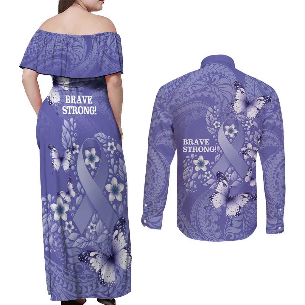Polynesia Stomach Cancer Awareness Couples Matching Off Shoulder Maxi Dress and Long Sleeve Button Shirt Periwinkle Ribbon Brave Strong! LT14 - Polynesian Pride