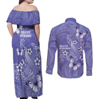 Polynesia Stomach Cancer Awareness Couples Matching Off Shoulder Maxi Dress and Long Sleeve Button Shirt Periwinkle Ribbon Brave Strong! LT14 - Polynesian Pride