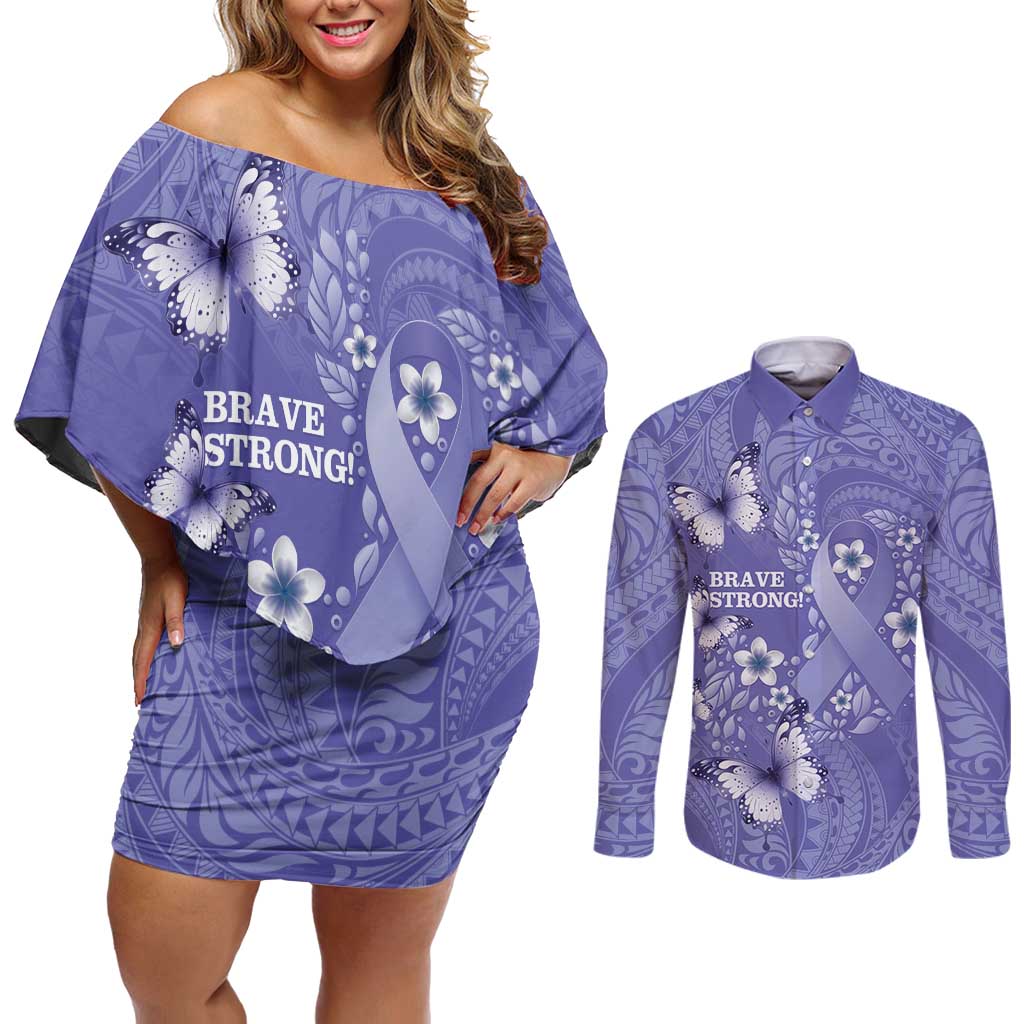 Polynesia Stomach Cancer Awareness Couples Matching Off Shoulder Short Dress and Long Sleeve Button Shirt Periwinkle Ribbon Brave Strong! LT14 Periwinkle - Polynesian Pride